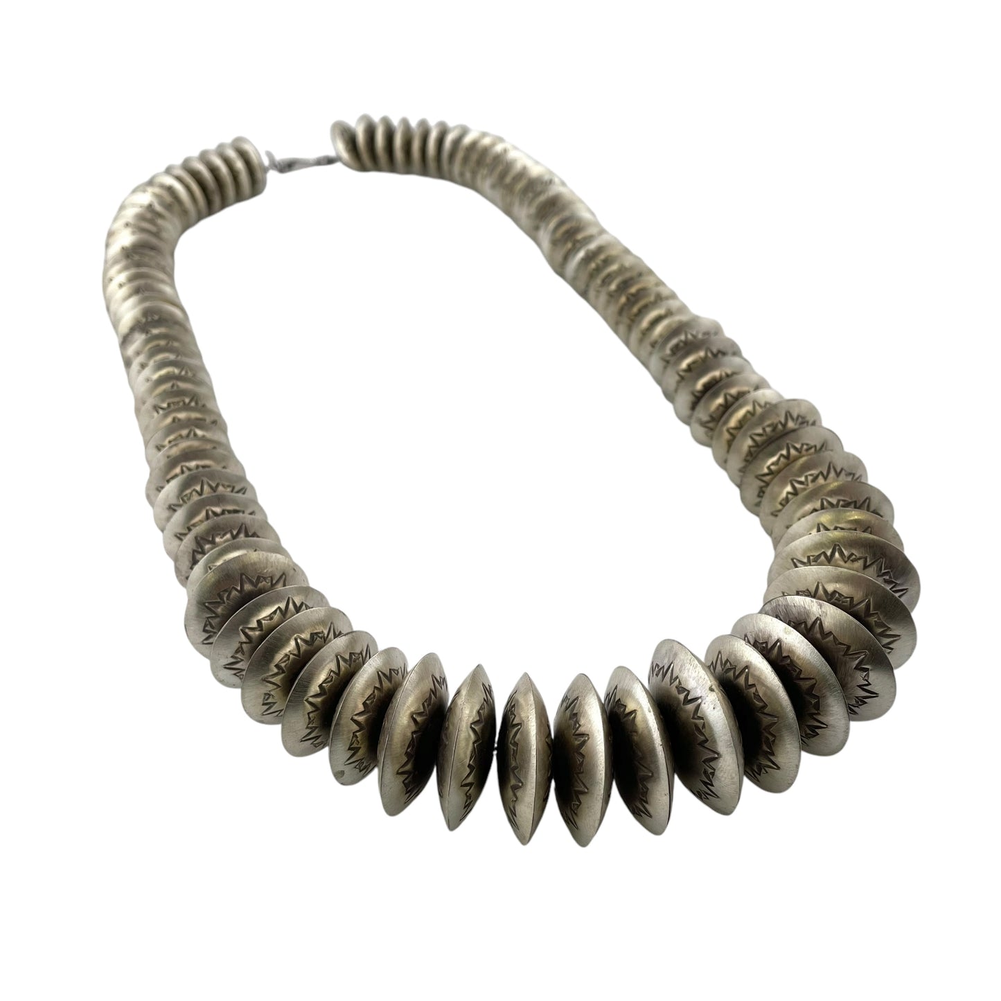 Monica Smith Navajo Pearl Imprinted Graduated Saucer Bead Necklace Sterling Silver