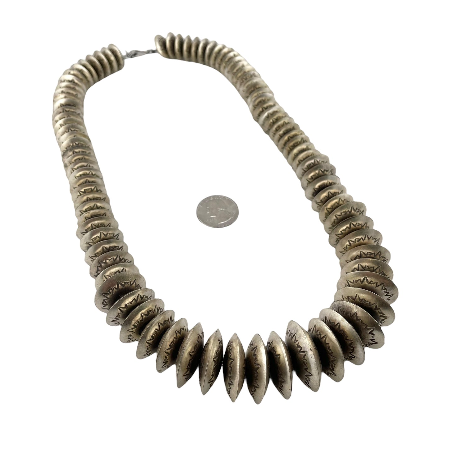 Monica Smith Navajo Pearl Imprinted Graduated Saucer Bead Necklace Sterling Silver