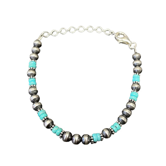 Blue Turquoise Desert Pearl Bead Bracelet Sterling Silver