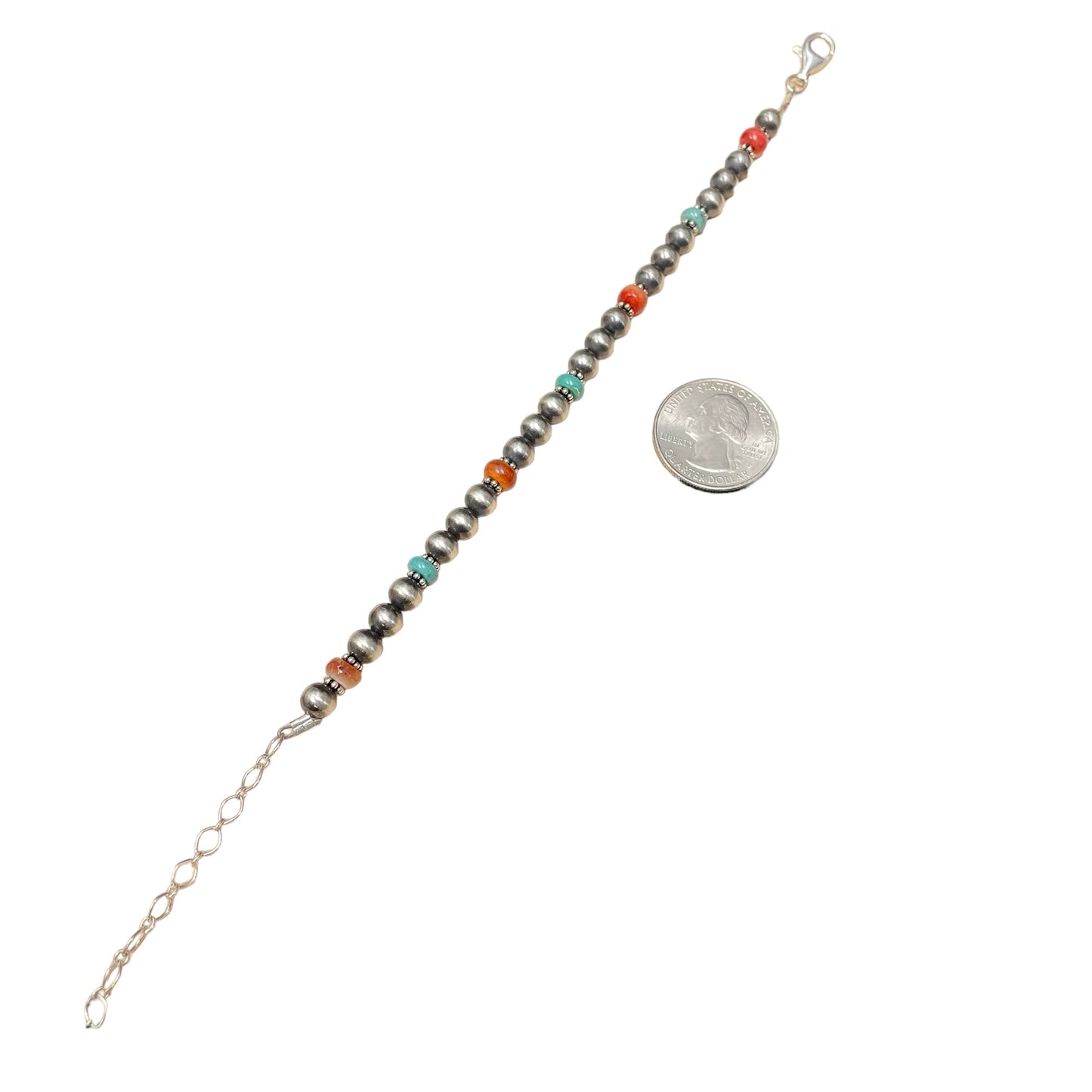 Turquoise & Spiny Oyster Desert Pearl Bead Bracelet Sterling Silver