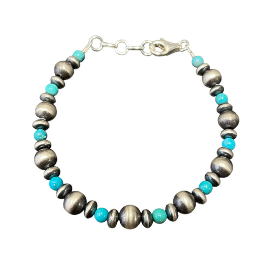 Blue Turquoise Desert Pearl Bead Bracelet Sterling Silver