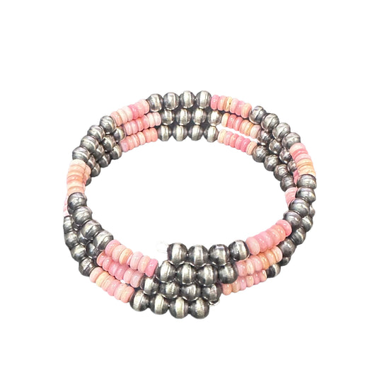 Pink Conch Navajo Pearl Oxidized Bead Wrap Bracelet Sterling Silver