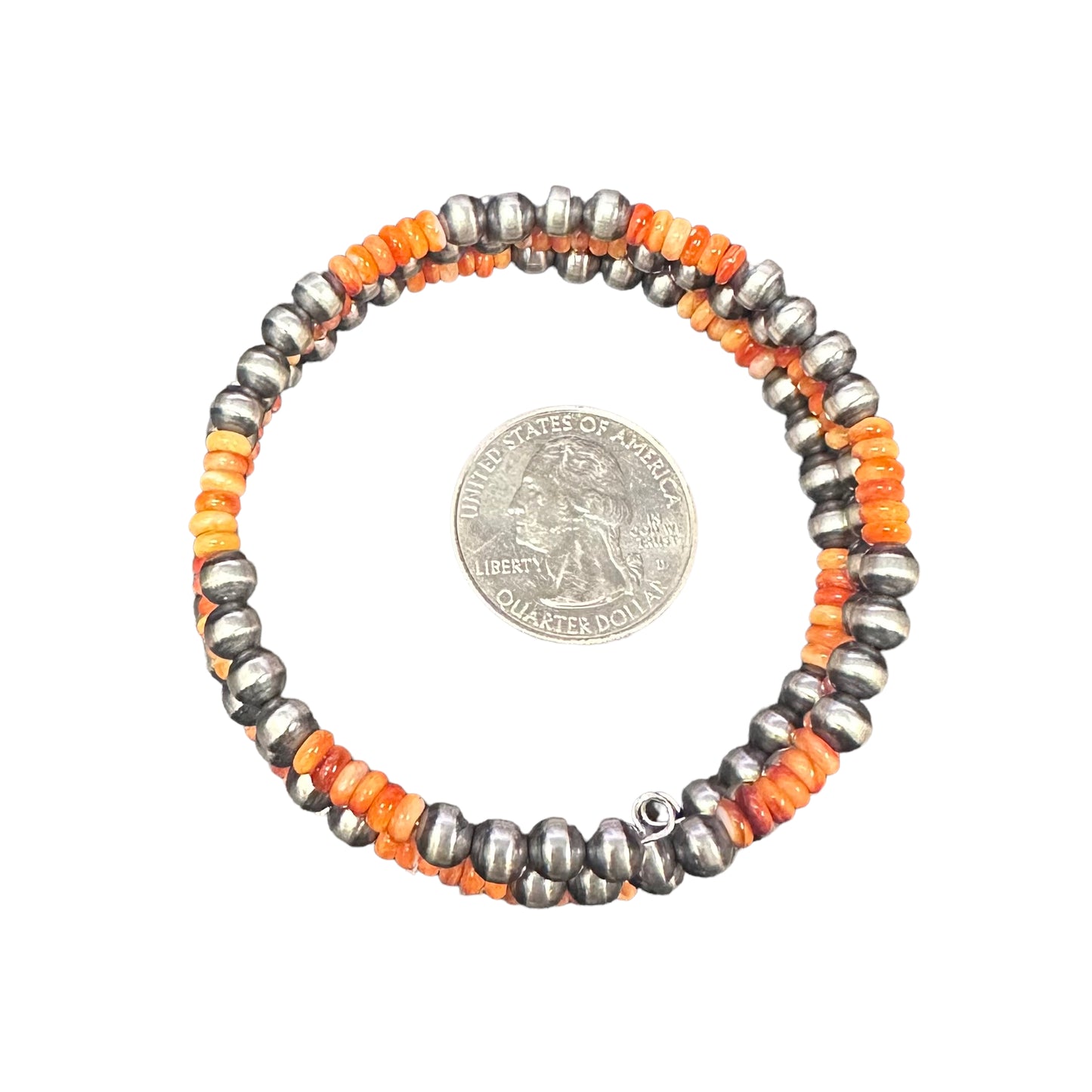Orange Spiny Oyster Navajo Pearl Oxidized Bead Wrap Bracelet Sterling Silver