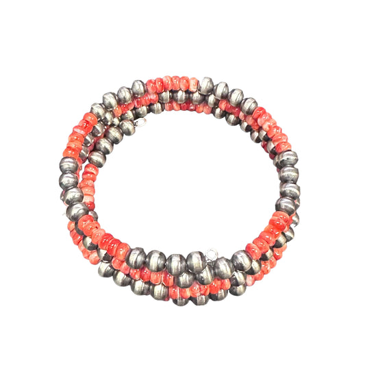 Red Spiny Oyster Navajo Pearl Oxidized Bead Wrap Bracelet Sterling Silver