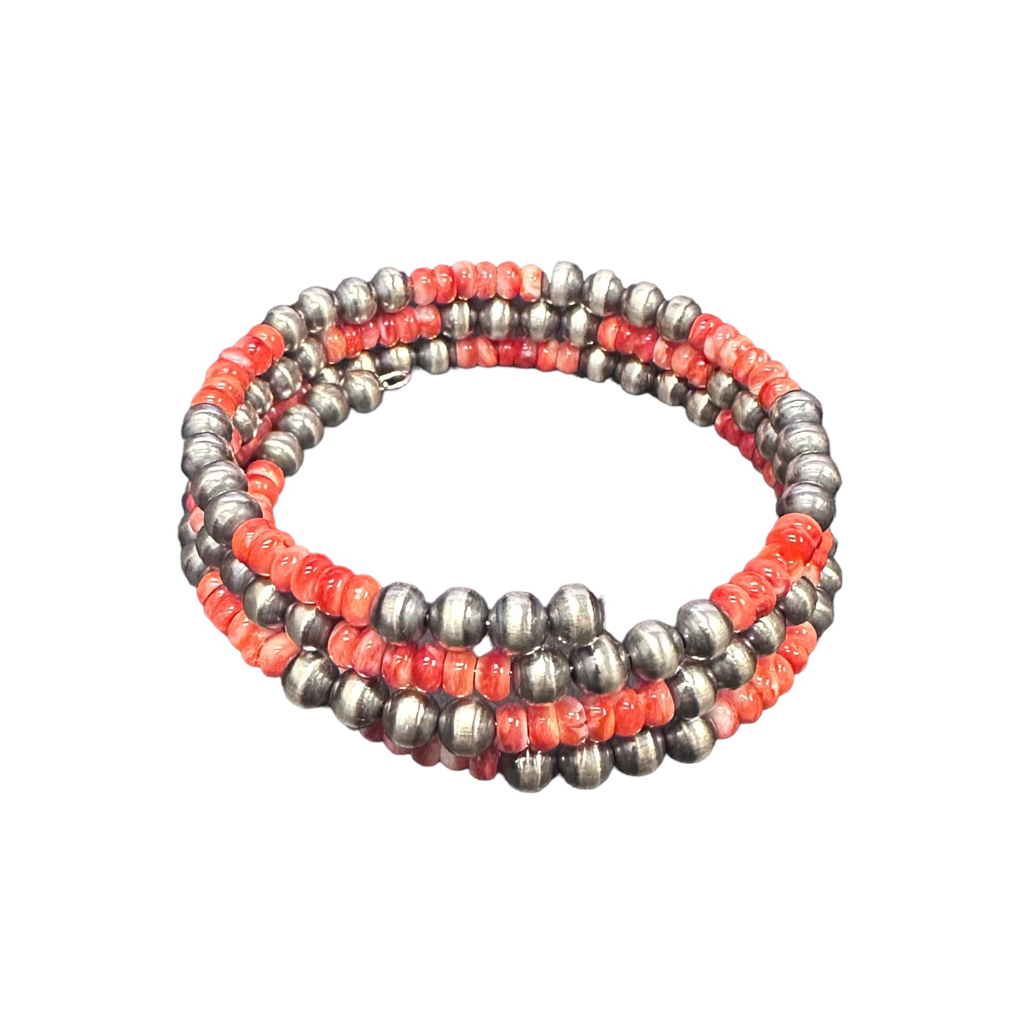 Red Spiny Oyster Navajo Pearl Oxidized Bead Wrap Bracelet Sterling Silver