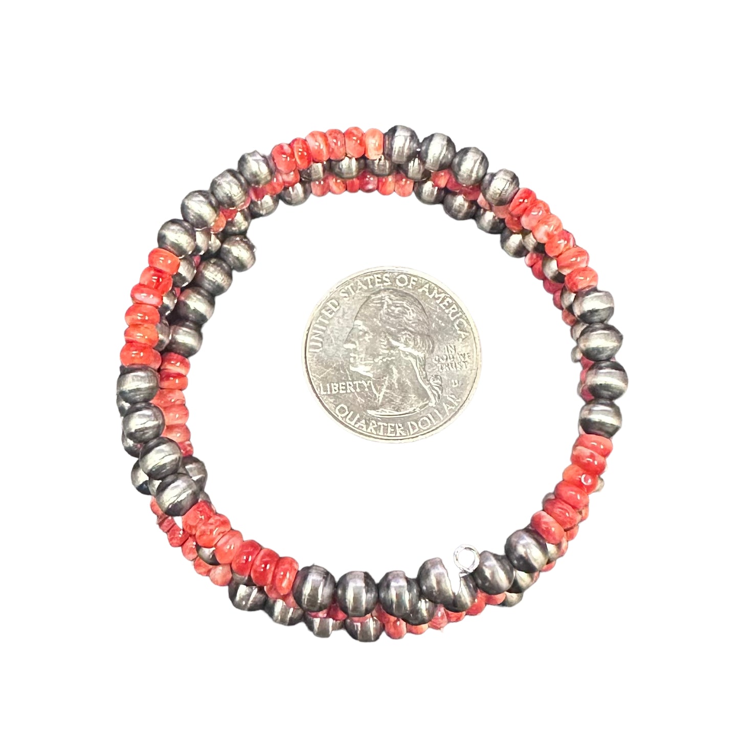 Red Spiny Oyster Navajo Pearl Oxidized Bead Wrap Bracelet Sterling Silver