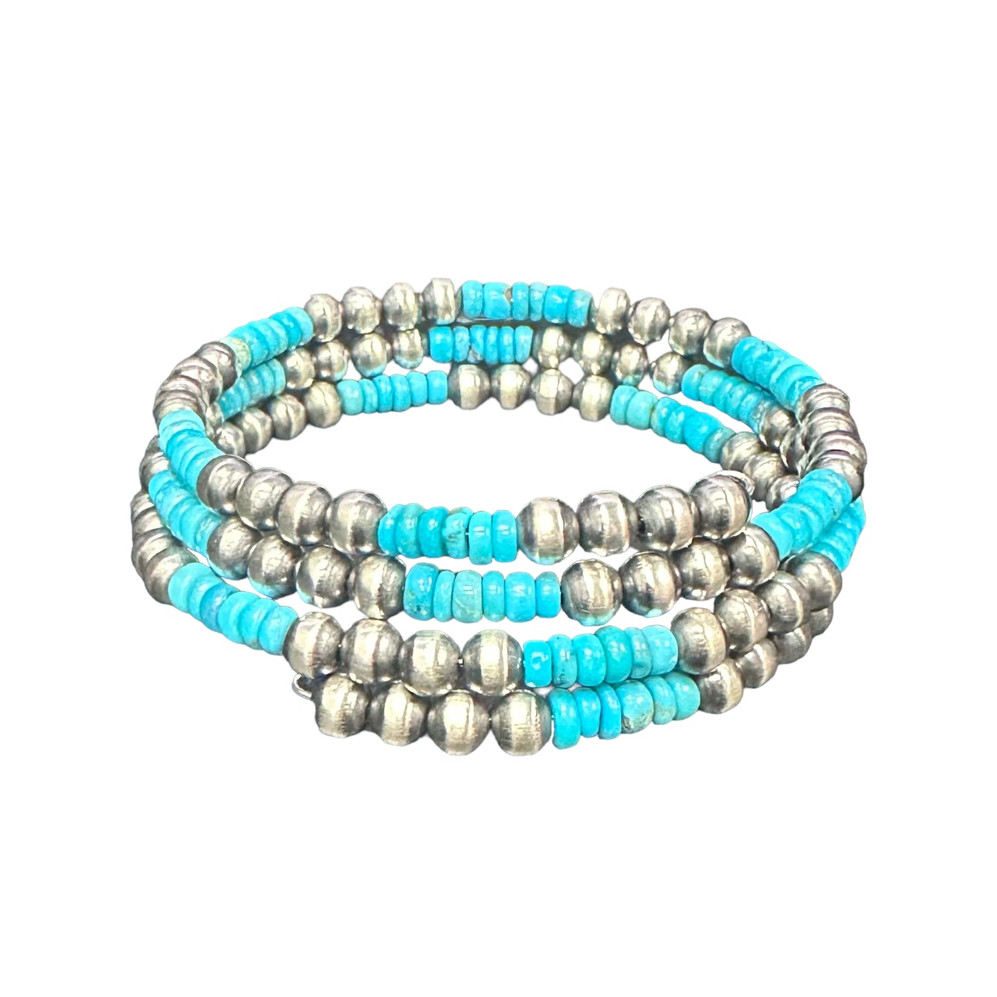 Blue Turquoise Navajo Pearl Oxidized Bead Wrap Bracelet Sterling Silver