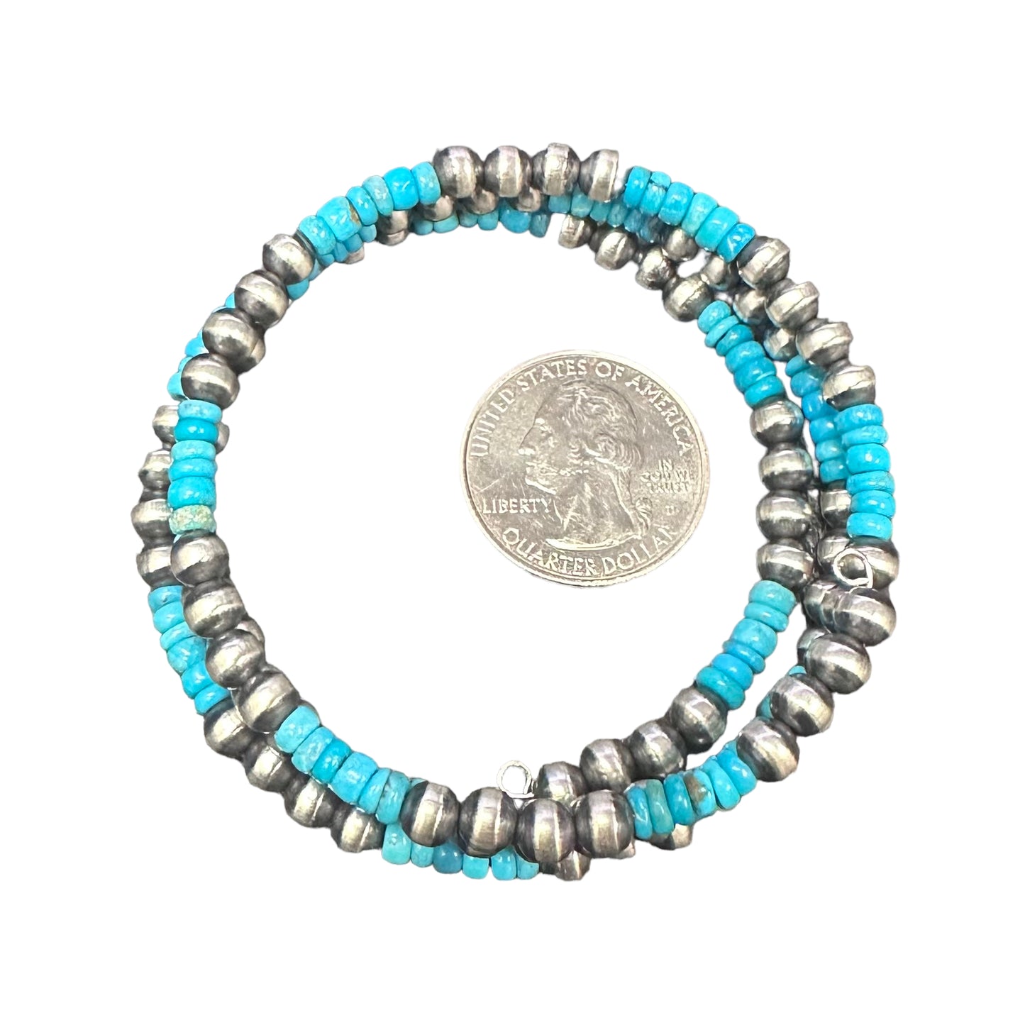 Blue Turquoise Navajo Pearl Oxidized Bead Wrap Bracelet Sterling Silver