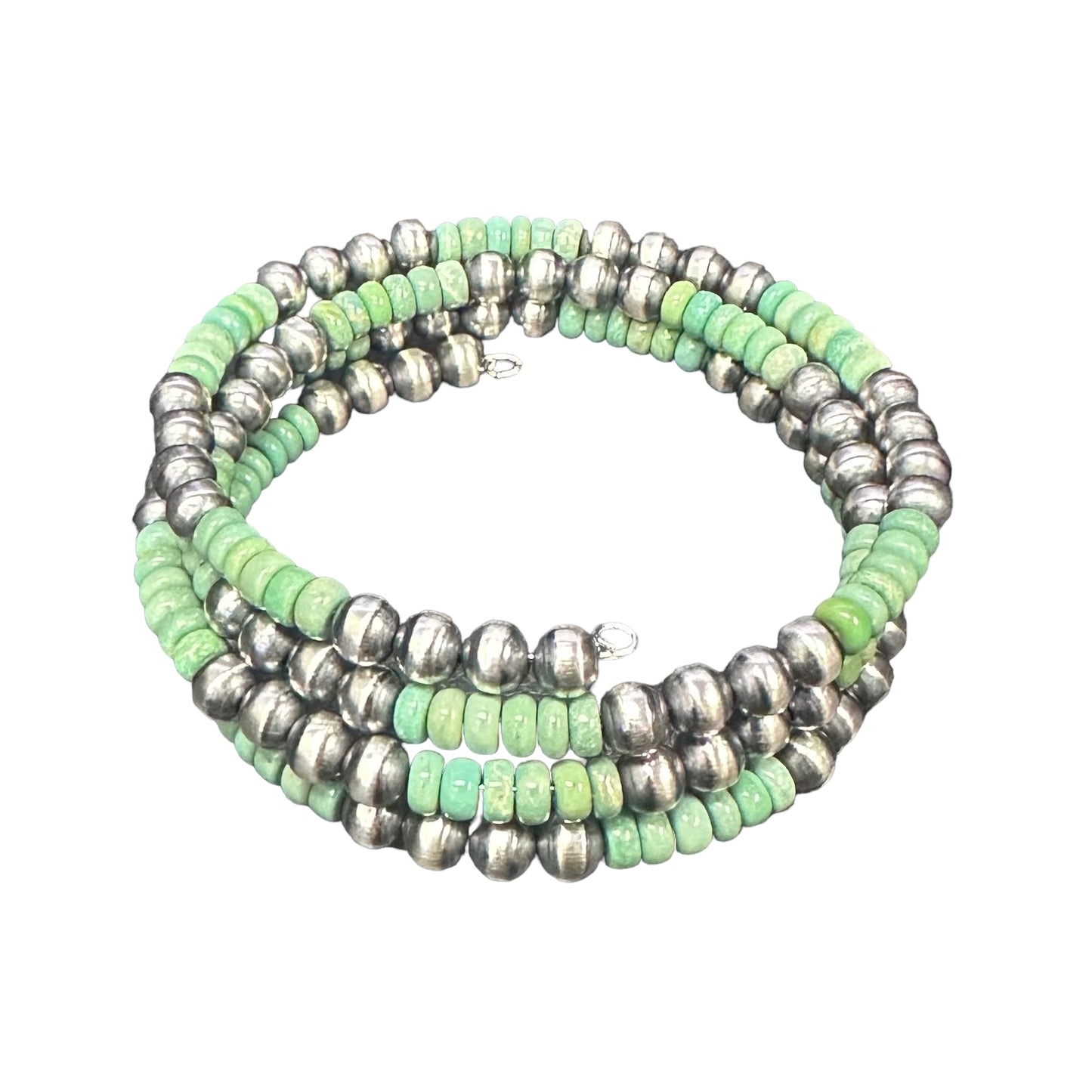 Green Turquoise Desert Pearls Oxidized Bead Wrap Bracelet Sterling Silver