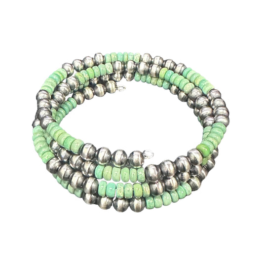 Green Turquoise Navajo Pearl Oxidized Bead Wrap Bracelet Sterling Silver