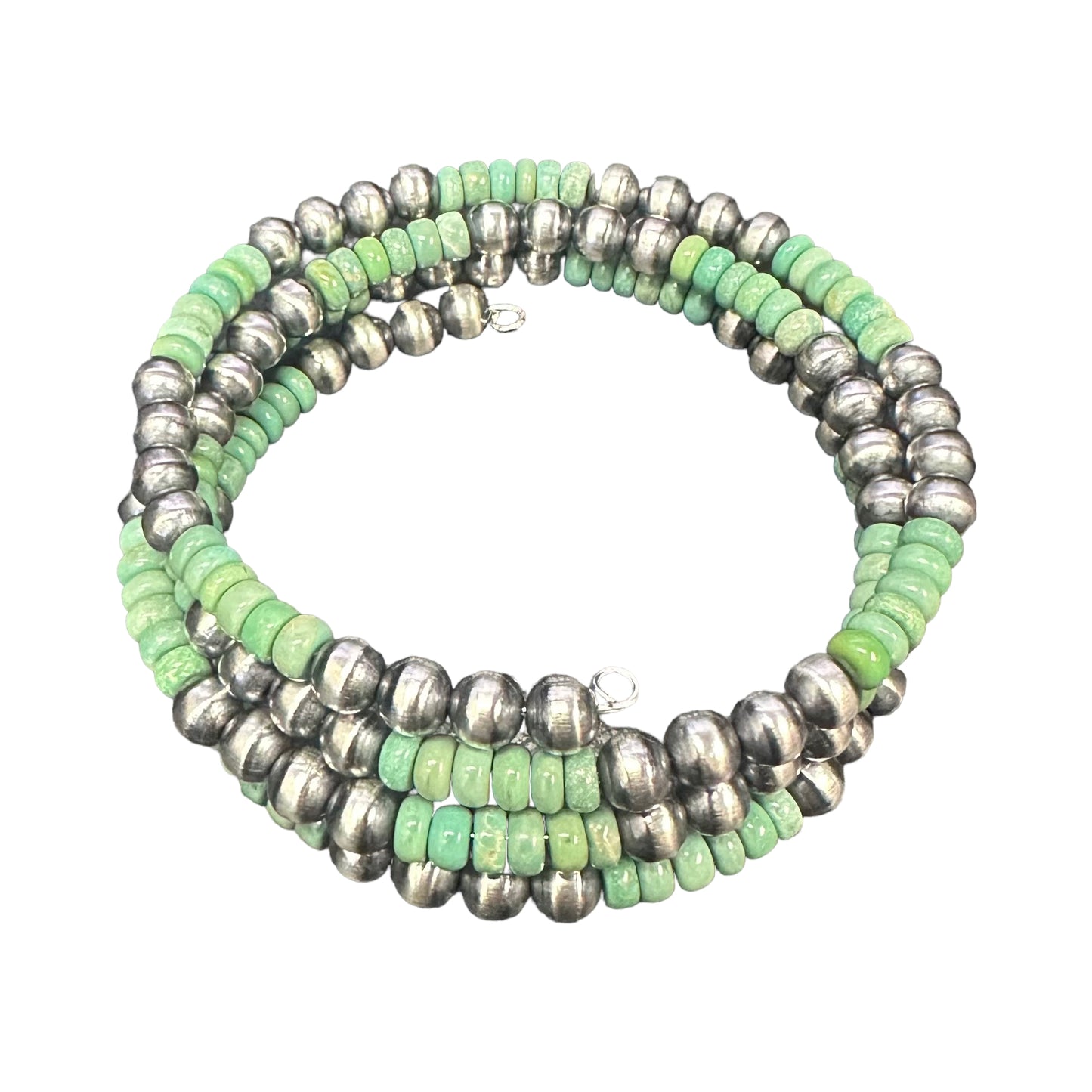 Green Turquoise Navajo Pearl Oxidized Bead Wrap Bracelet Sterling Silver