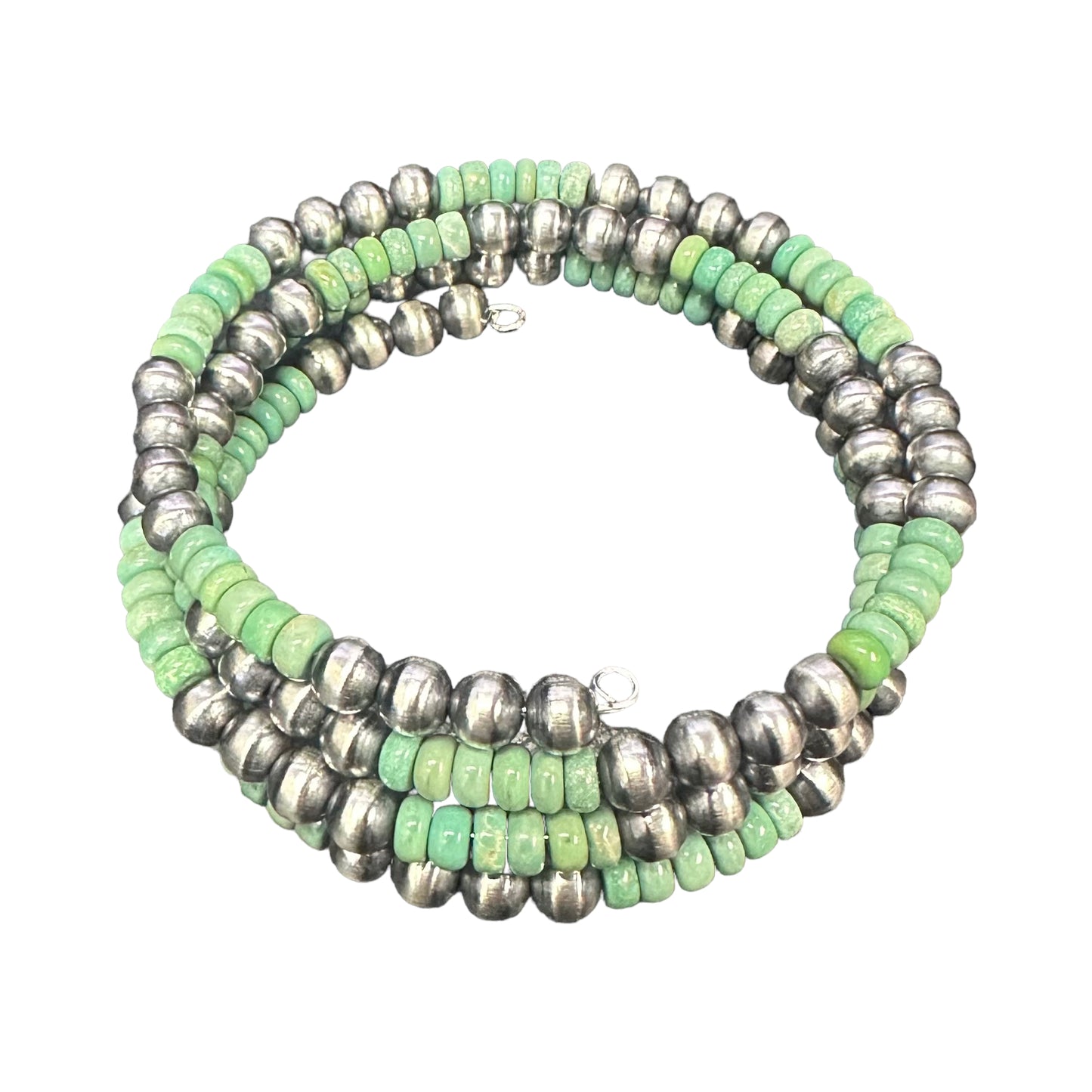 Green Turquoise Desert Pearls Oxidized Bead Wrap Bracelet Sterling Silver