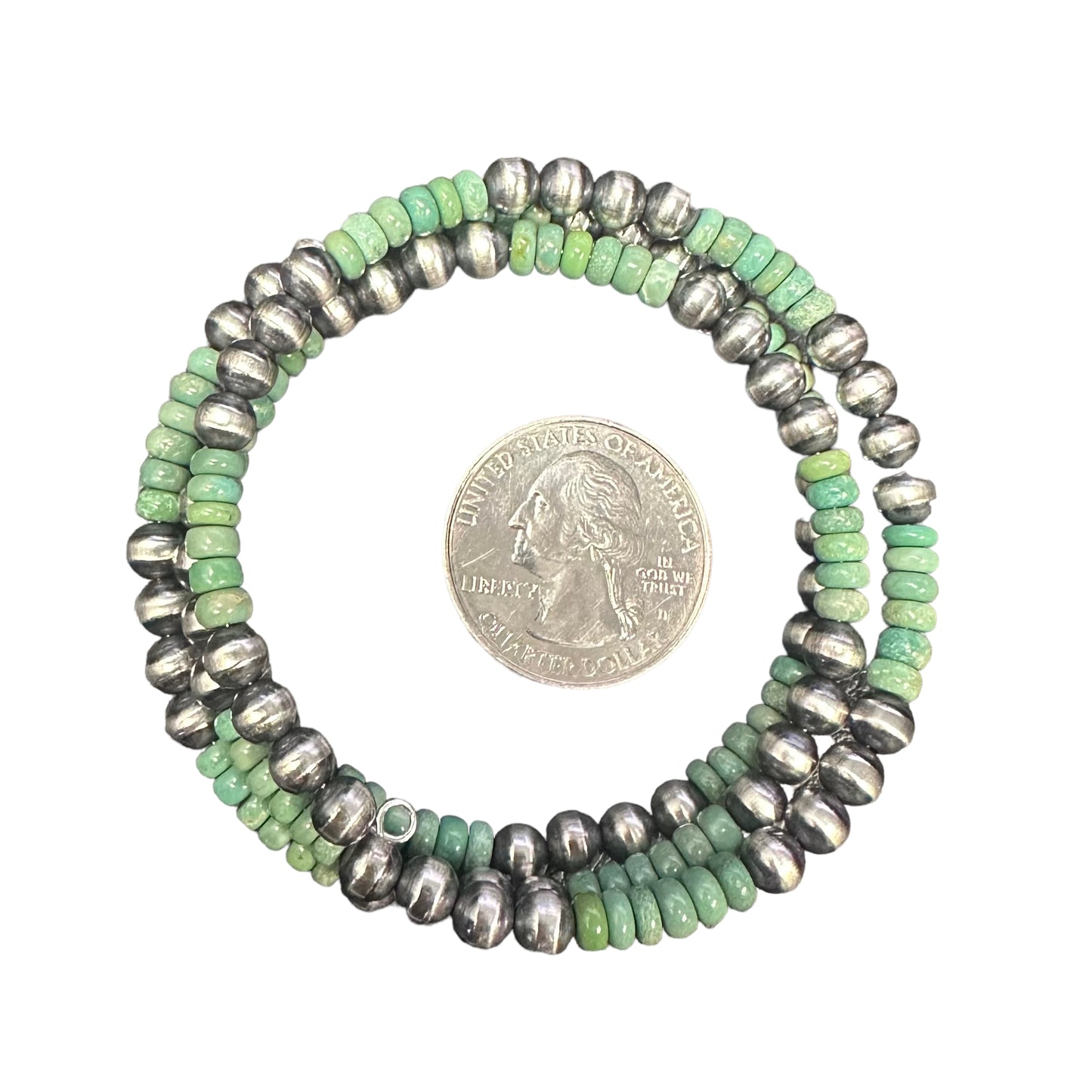 Green Turquoise Navajo Pearl Oxidized Bead Wrap Bracelet Sterling Silver