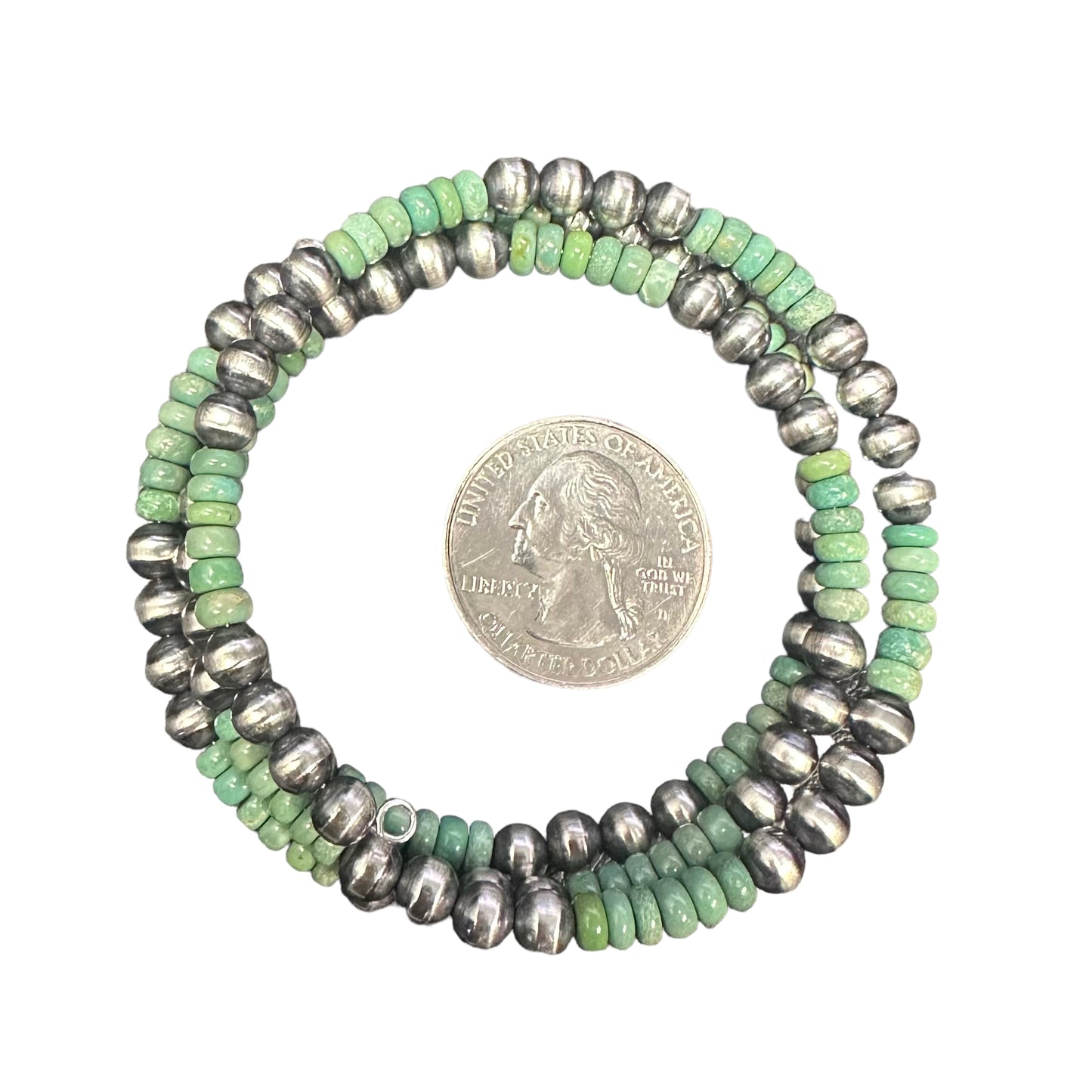 Green Turquoise Desert Pearls Oxidized Bead Wrap Bracelet Sterling Silver