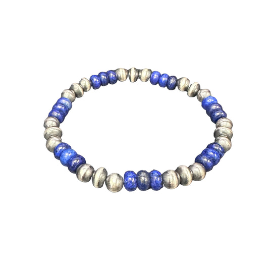 Lapis Desert Pearls Oxidized Bead Stretch Bracelet Sterling Silver