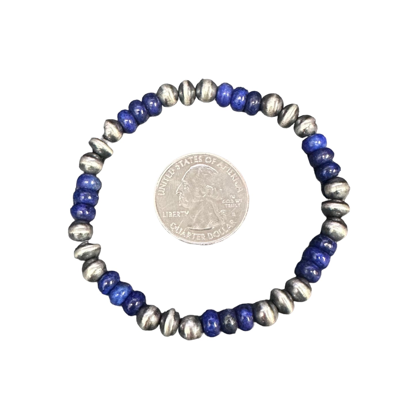 Lapis Desert Pearls Oxidized Bead Stretch Bracelet Sterling Silver