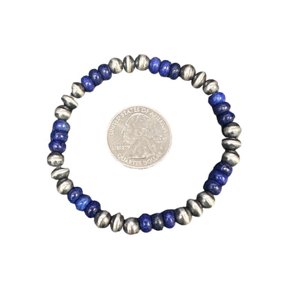 Lapis Desert Pearls Oxidized Bead Stretch Bracelet Sterling Silver