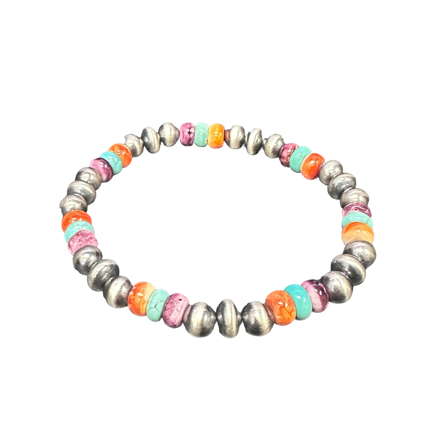 Turquoise & Spiny Oyster Desert Pearls Oxidized Bead Stretch Bracelet Sterling Silver