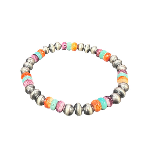 Turquoise & Spiny Oyster Desert Pearls Oxidized Bead Stretch Bracelet Sterling Silver