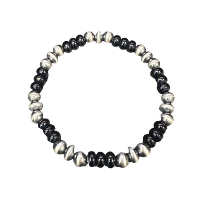 Onyx Desert Pearls Oxidized Bead Stretch Bracelet Sterling Silver
