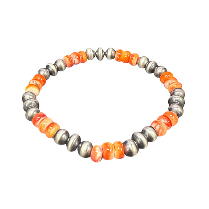Orange Spiny Oyster Desert Pearls Oxidized Bead Stretch Bracelet Sterling Silver