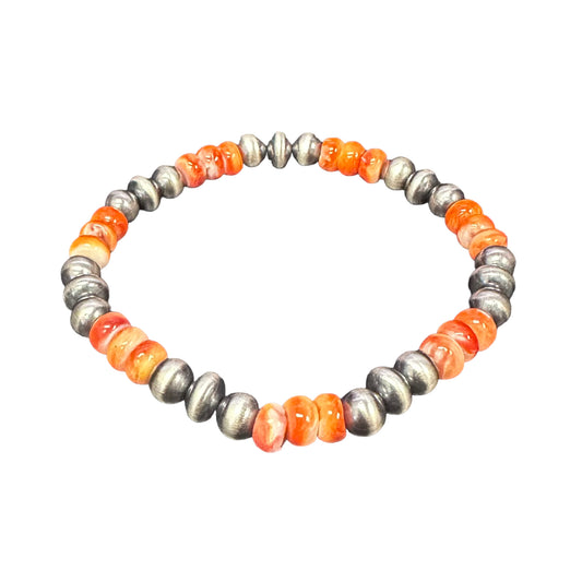 Orange Spiny Oyster Navajo Pearl Oxidized Bead Stretch Bracelet Sterling Silver