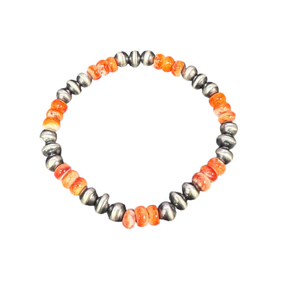 Orange Spiny Oyster Desert Pearls Oxidized Bead Stretch Bracelet Sterling Silver