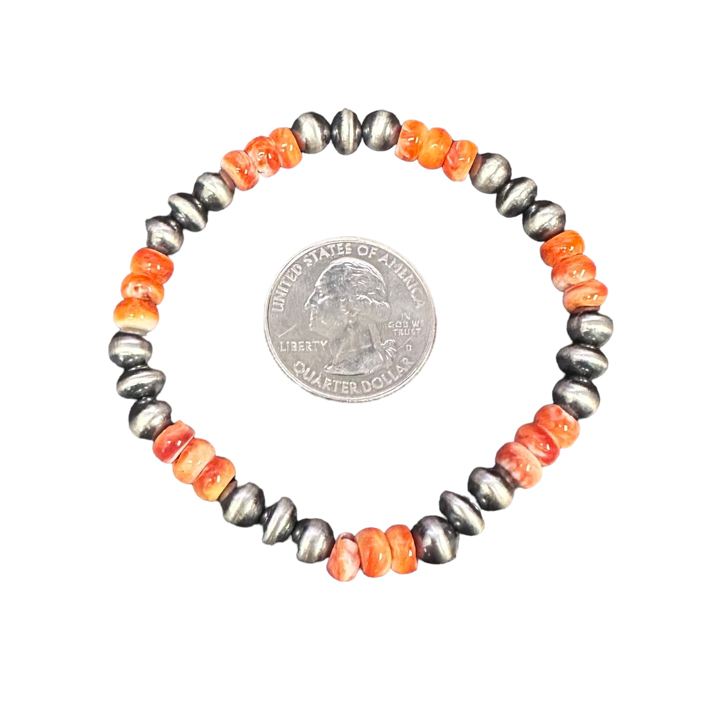 Orange Spiny Oyster Navajo Pearl Oxidized Bead Stretch Bracelet Sterling Silver