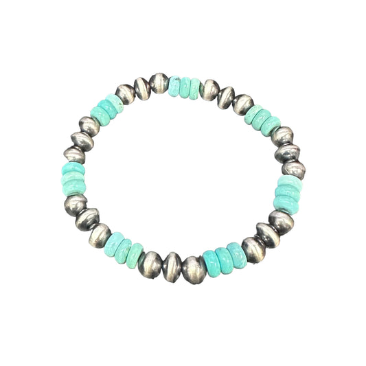 Turquoise Desert Pearls Oxidized Bead Stretch Bracelet Sterling Silver