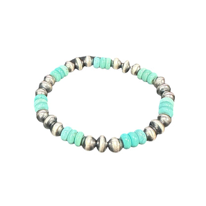 Turquoise Desert Pearls Oxidized Bead Stretch Bracelet Sterling Silver