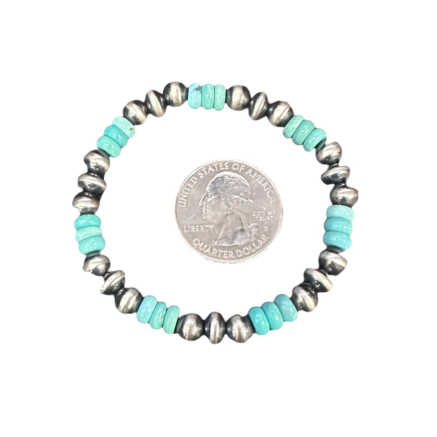 Turquoise Navajo Pearl Oxidized Bead Stretch Bracelet Sterling Silver