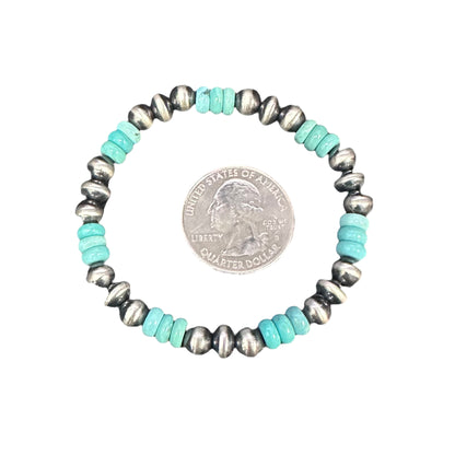 Turquoise Desert Pearls Oxidized Bead Stretch Bracelet Sterling Silver