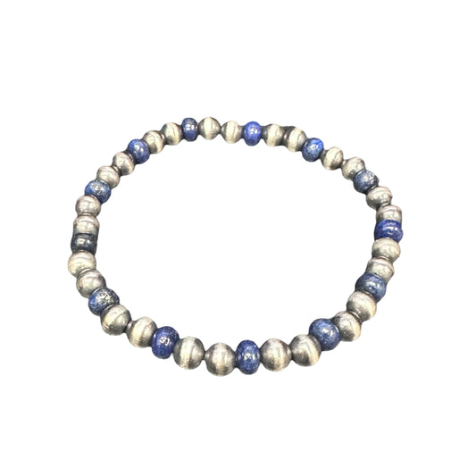 Lapis Desert Pearls Oxidized Bead 6mm Stretch Bracelet Sterling Silver