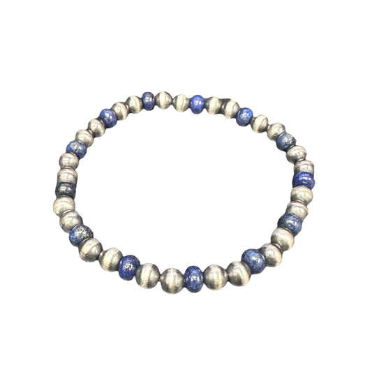 Lapis Navajo Pearl 6mm Oxidize Bead Stretch Bracelet Sterling Silver