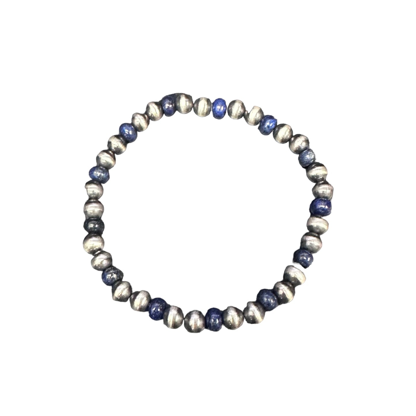 Lapis Desert Pearls Oxidized Bead 6mm Stretch Bracelet Sterling Silver