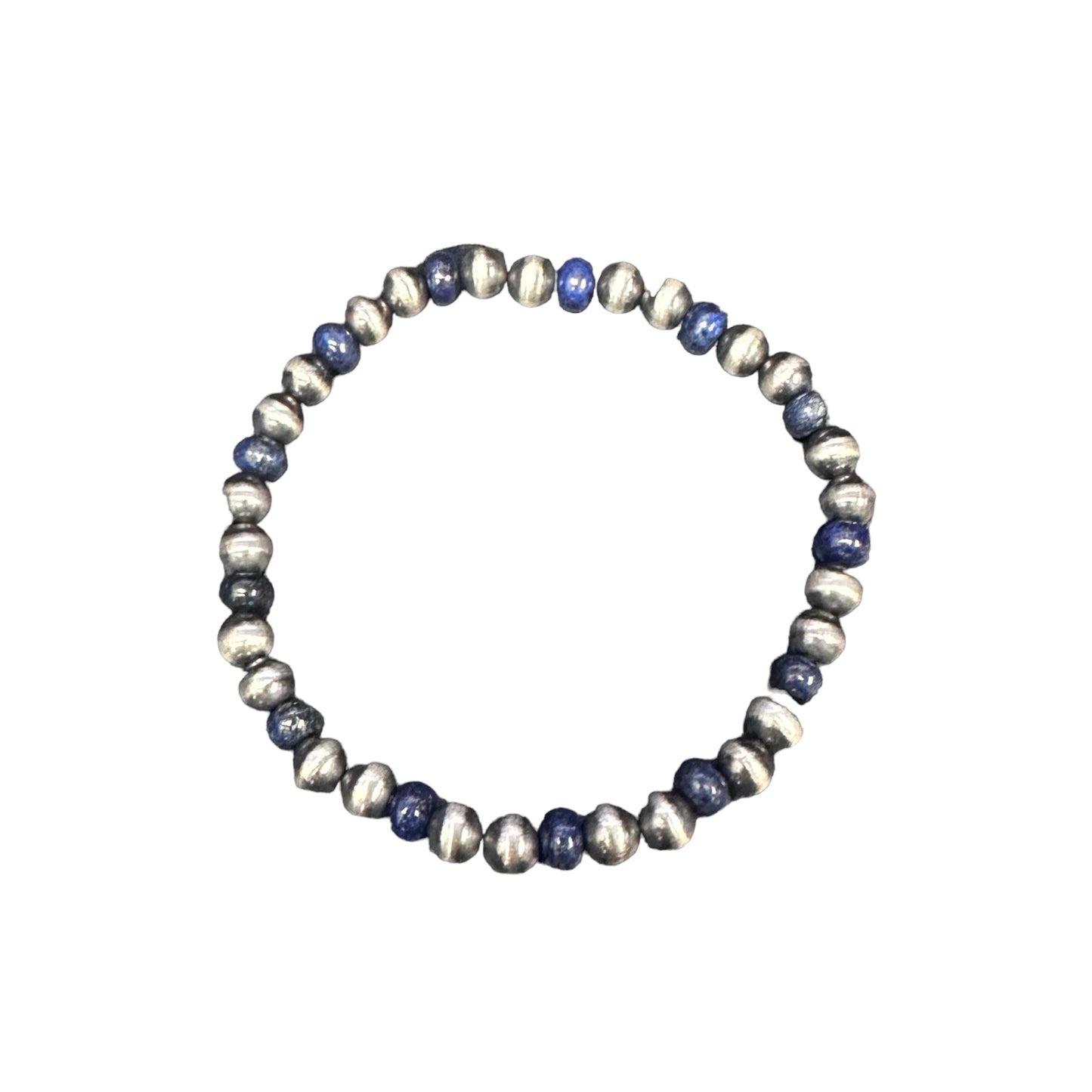 Lapis Navajo Pearl 6mm Oxidize Bead Stretch Bracelet Sterling Silver