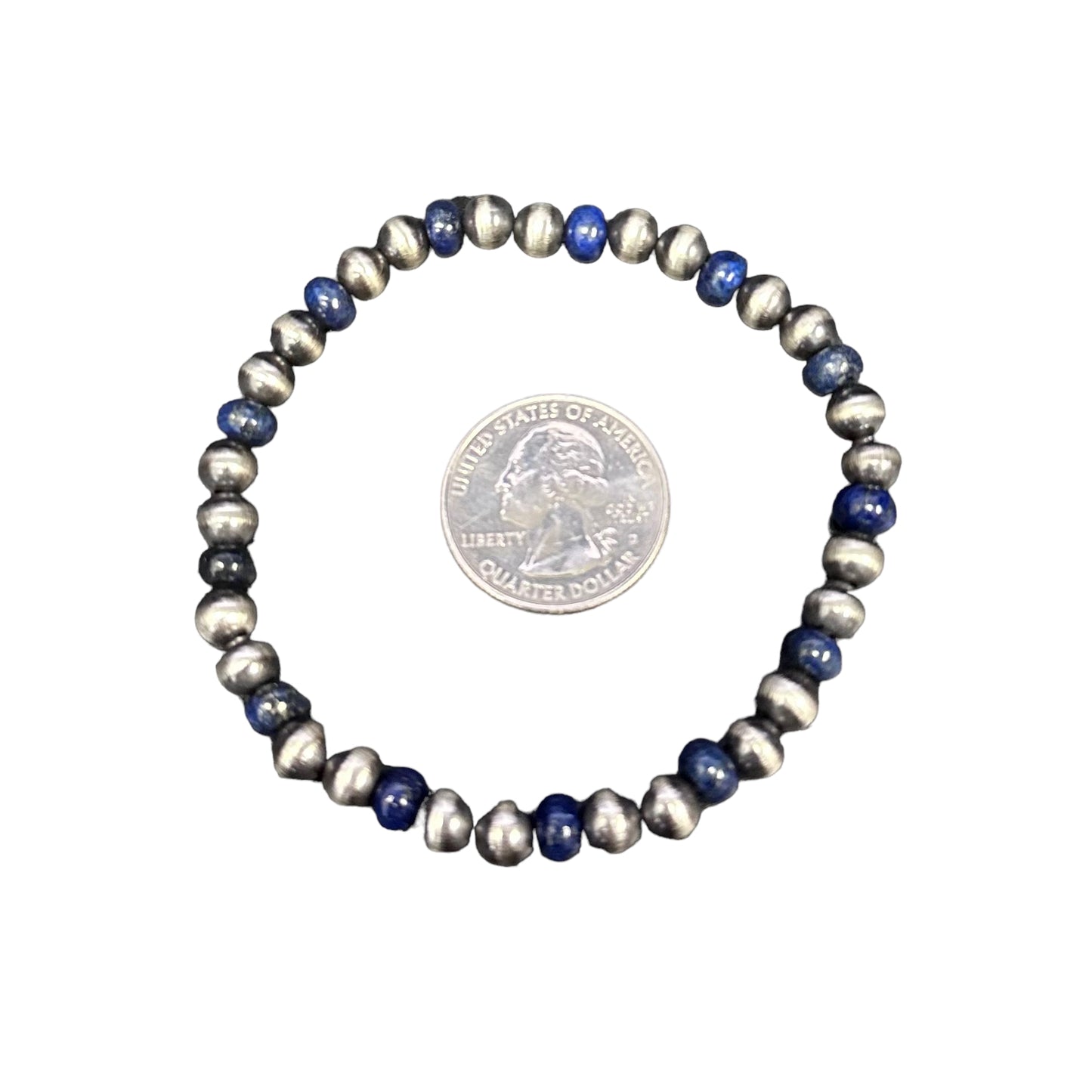 Lapis Navajo Pearl 6mm Oxidize Bead Stretch Bracelet Sterling Silver