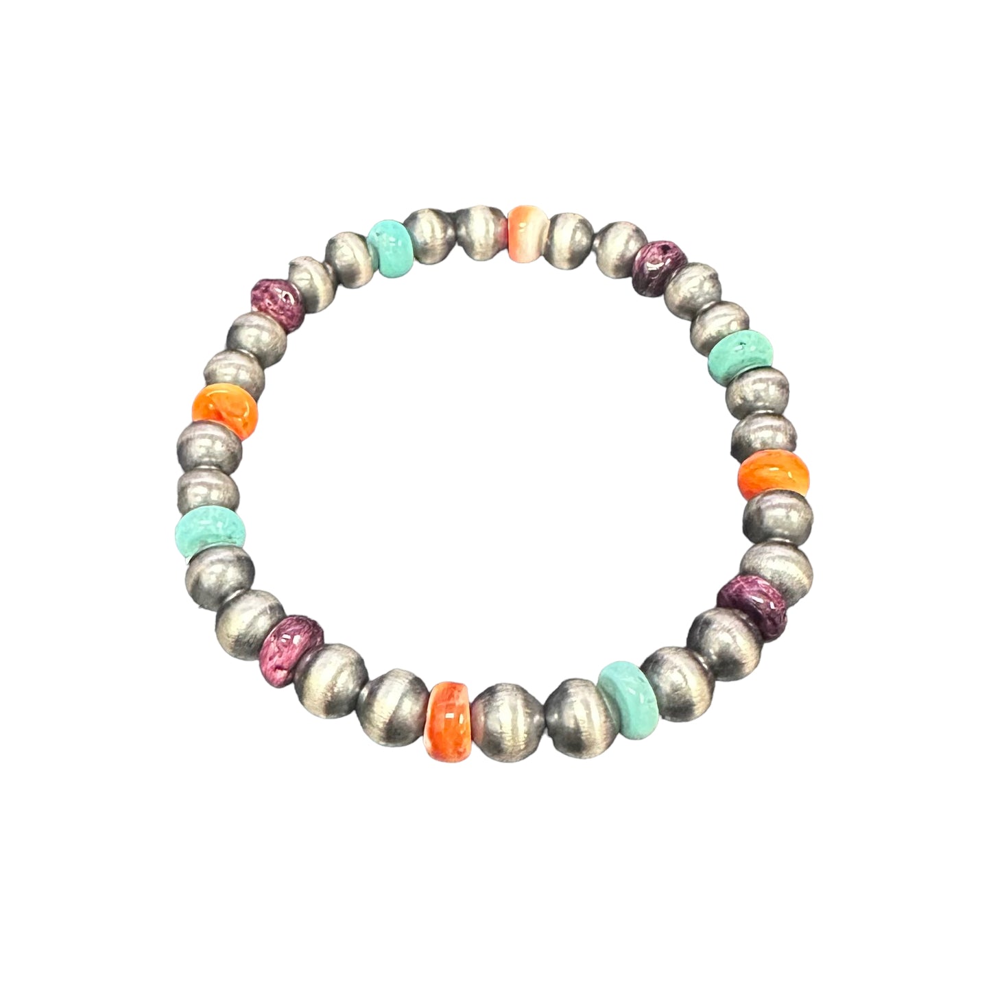 Turquoise & Spiny Oyster Desert Pearls 6mm Oxidize Bead Stretch Bracelet Sterling Silver