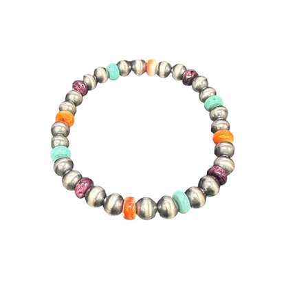 Turquoise & Spiny Oyster Desert Pearls 6mm Oxidize Bead Stretch Bracelet Sterling Silver