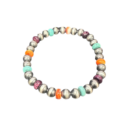 Turquoise & Spiny Oyster Desert Pearls 6mm Oxidize Bead Stretch Bracelet Sterling Silver