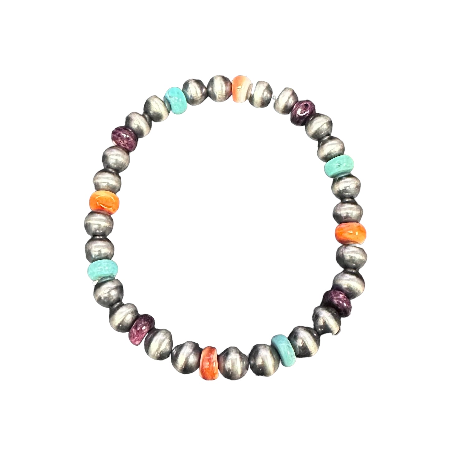 Turquoise & Spiny Oyster Desert Pearls 6mm Oxidize Bead Stretch Bracelet Sterling Silver