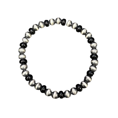 Onyx Desert Pearls Oxidized Bead 6mm Stretch Bracelet Sterling Silver