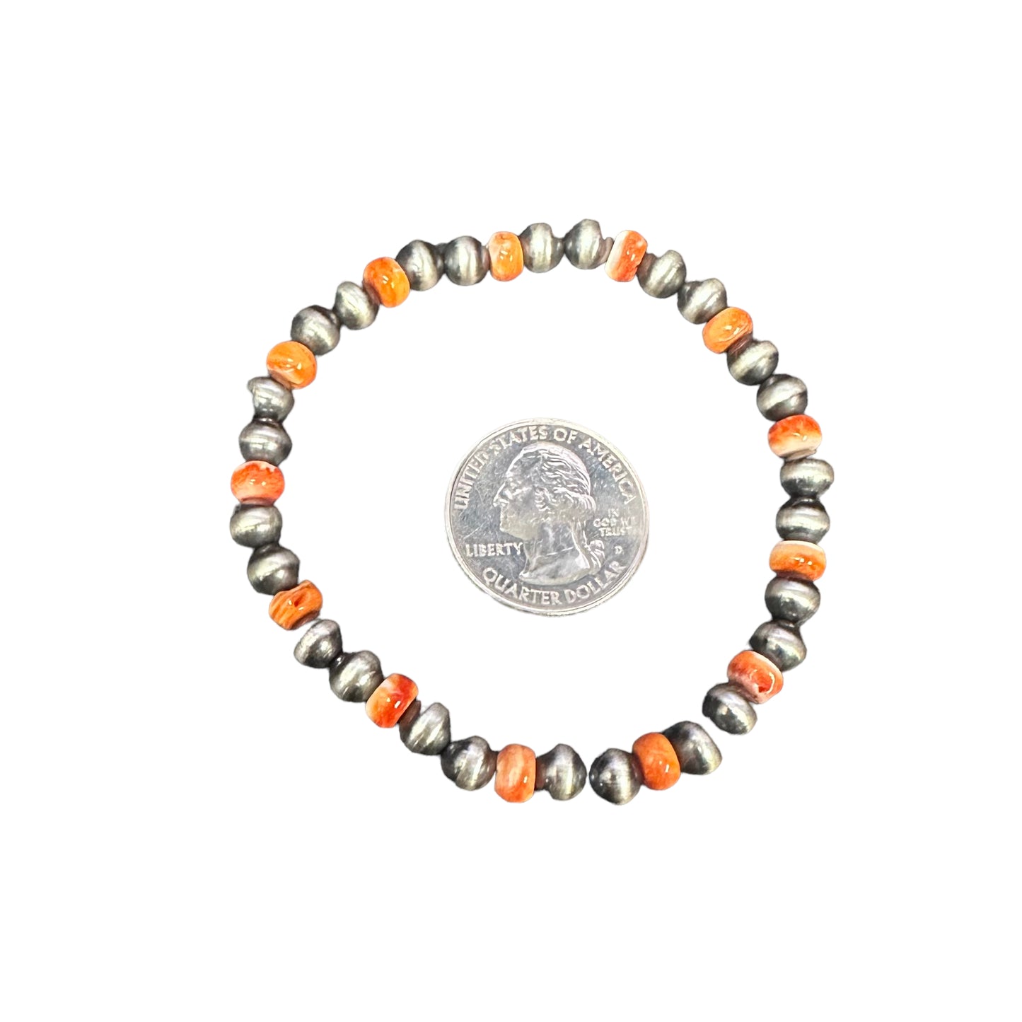 Orange Spiny Oyster Navajo Pearl 6mm Oxidize Bead Stretch Bracelet Sterling Silver