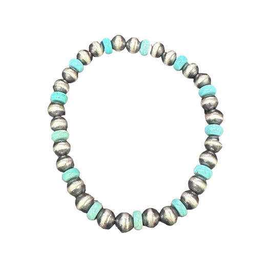 Turquoise Desert Pearls 6mm Oxidize Bead Stretch Bracelet Sterling Silver