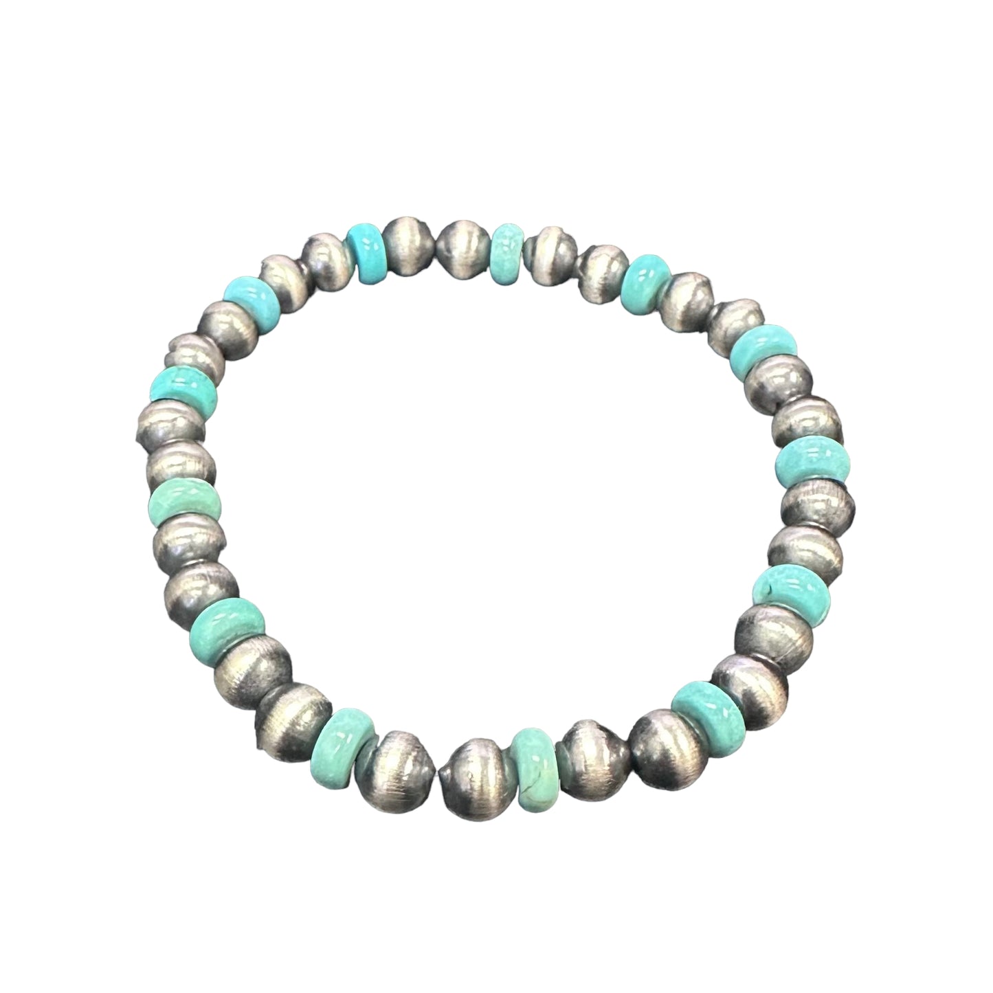 Turquoise Desert Pearls 6mm Oxidize Bead Stretch Bracelet Sterling Silver