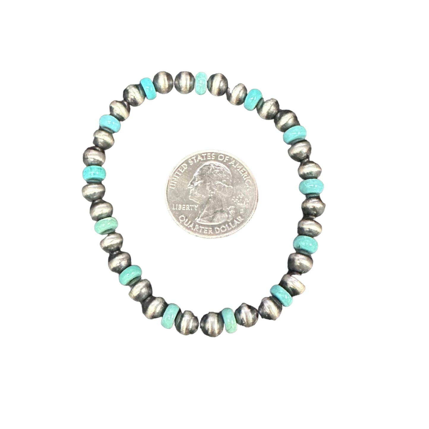 Turquoise Navajo Pearl 6mm Oxidize Bead Stretch Bracelet Sterling Silver