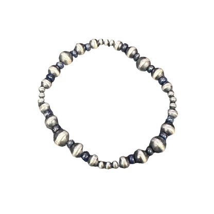 Lapis Desert Pearls Oxidized Bead Stretch Bracelet Sterling Silver