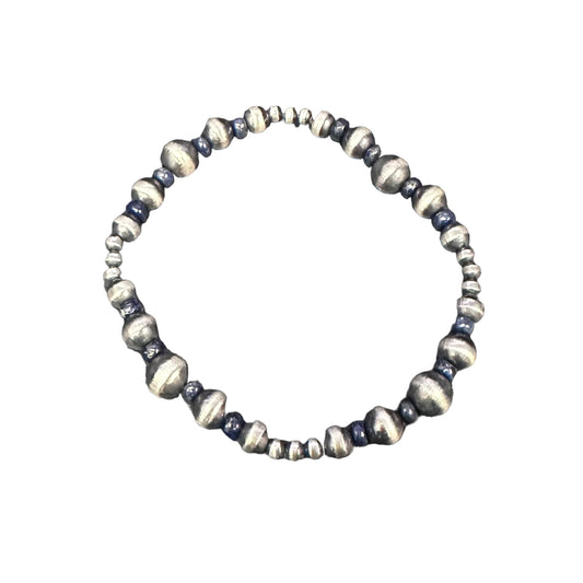 Lapis Desert Pearls Oxidized Bead Stretch Bracelet Sterling Silver