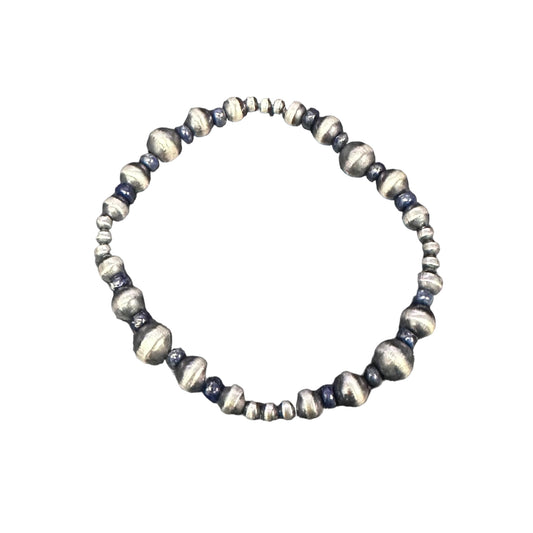 Lapis Navajo Pearl Oxidized Bead Stretch Bracelet Sterling Silver