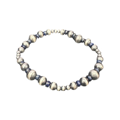 Lapis Desert Pearls Oxidized Bead Stretch Bracelet Sterling Silver